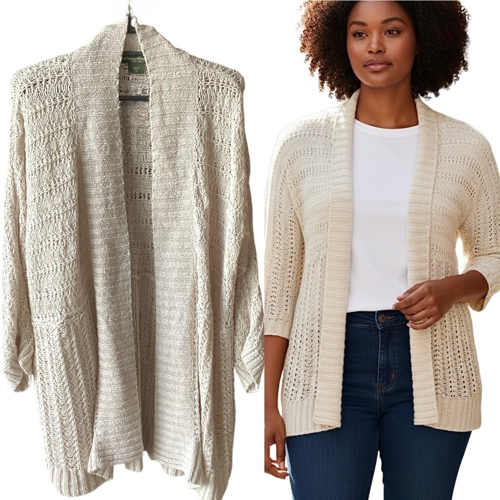 Eddie Bauer Cream Open-Front 100% Linen Knit Sweater Cardigan Women’s Size XL - Picture 16 of 16